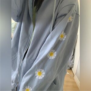 Baby pastel light blue zip up hoodie jacket daisy floral embroidered embroidery